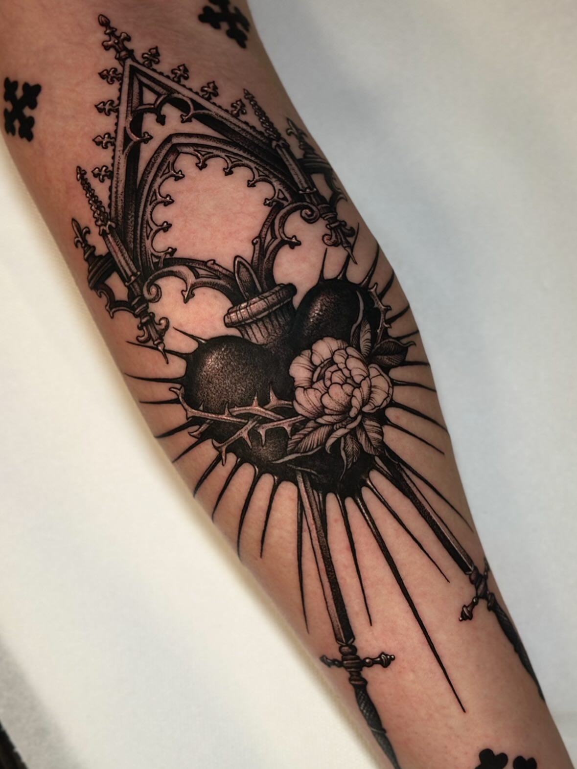 Instagram post by @spence.tattoos for Killer Ink Limited. Caption reads: #sacredheart for Janne ❤️‍🔥
thank you 🙏 

 
done....