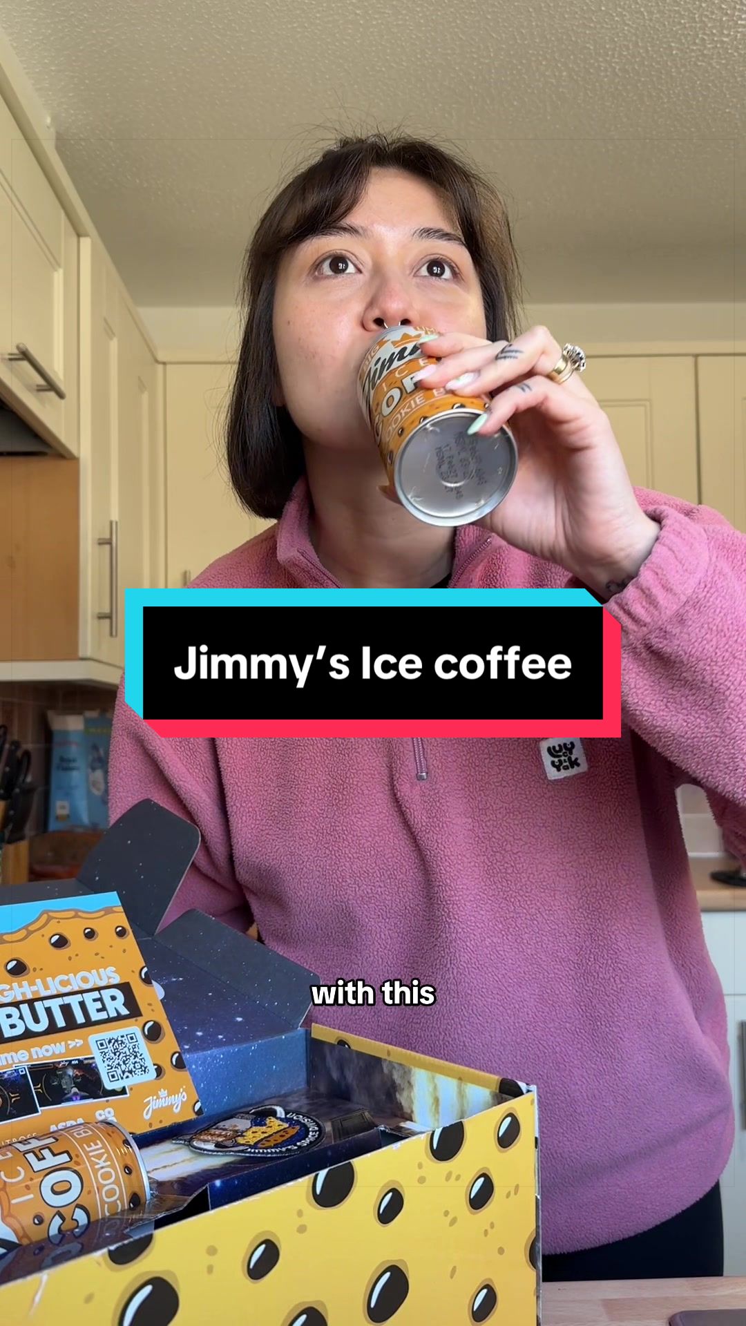TikTok post by @nina.nation_ for Jimmy's Iced Coffee. Caption reads: [...] coffee 😻🍪 @Jimmy’s Iced Coffee....
