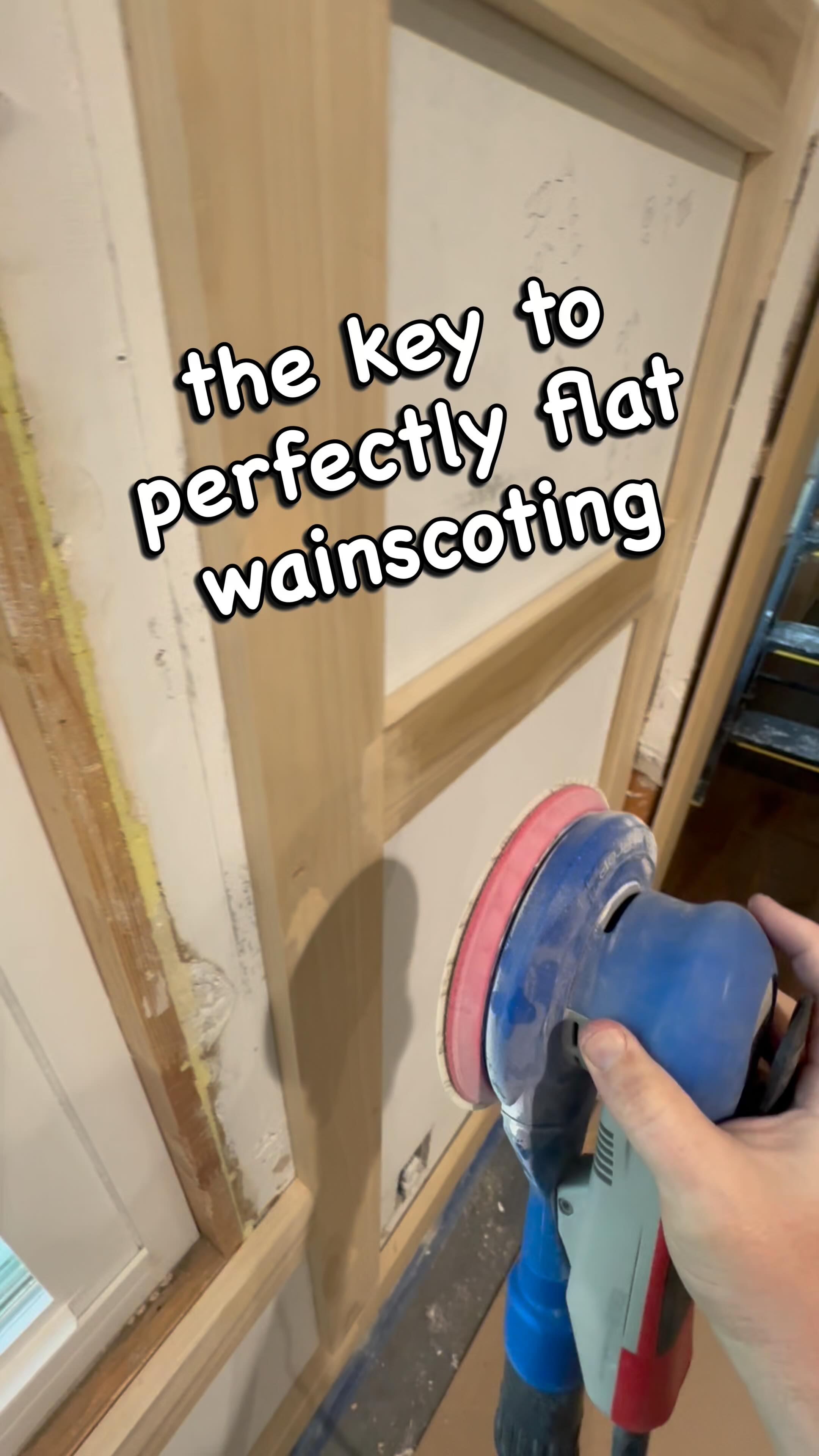 Instagram post by @full_steam_designs for SurfPrep sanding. Caption reads: I use pocket holes to assemble my wainscoting,....