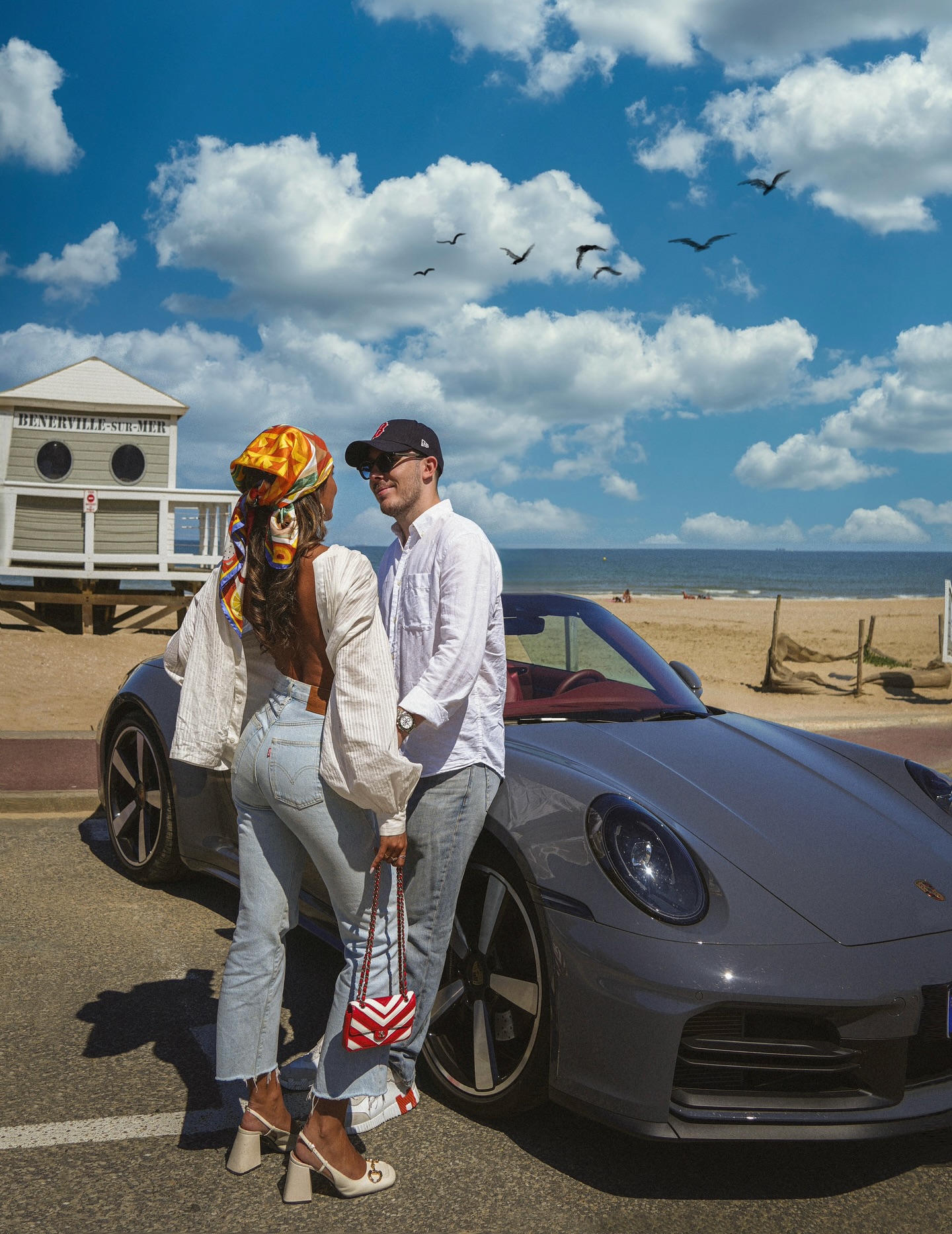 Instagram post by @thefrenchmadrilene for Porsche. Caption reads: Fast & love 🏎️🌞

Une escapade ensoleillée en....
