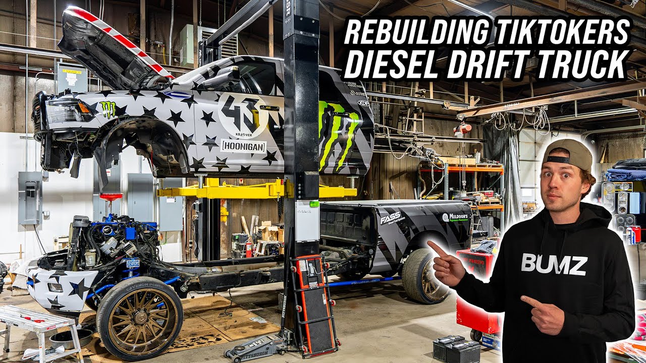 YouTube post by @Sherbybangin69 for BendPak. Caption reads: Rebuilding Dalton's Diesel Drift Truck!.