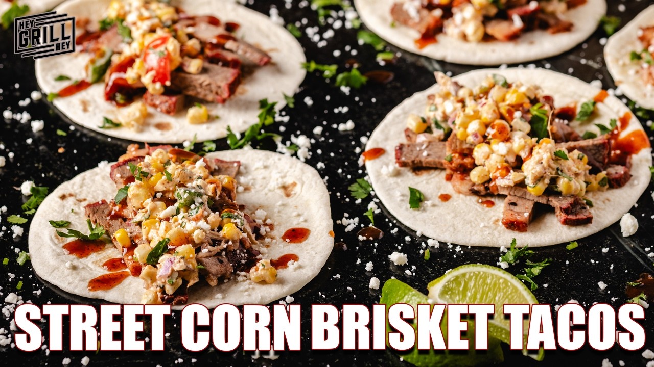 YouTube post by @Heygrillhey for ThermoWorks. Caption reads: BRISKET TACOS with Mexican Street Corn.
