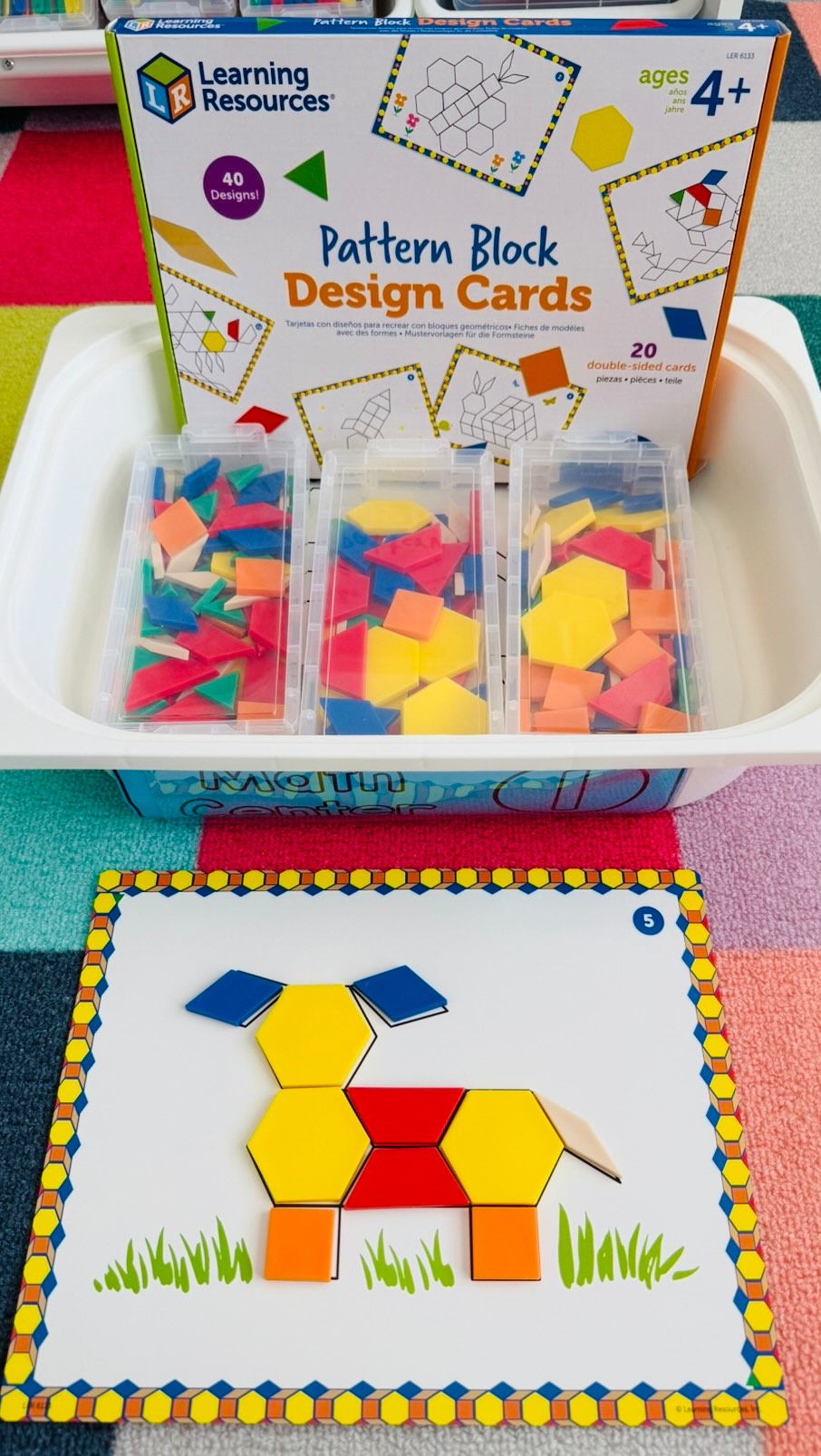 Instagram post by @erikadeane315 for Learning Resources. Caption reads: These Pattern Block Design Mats by....