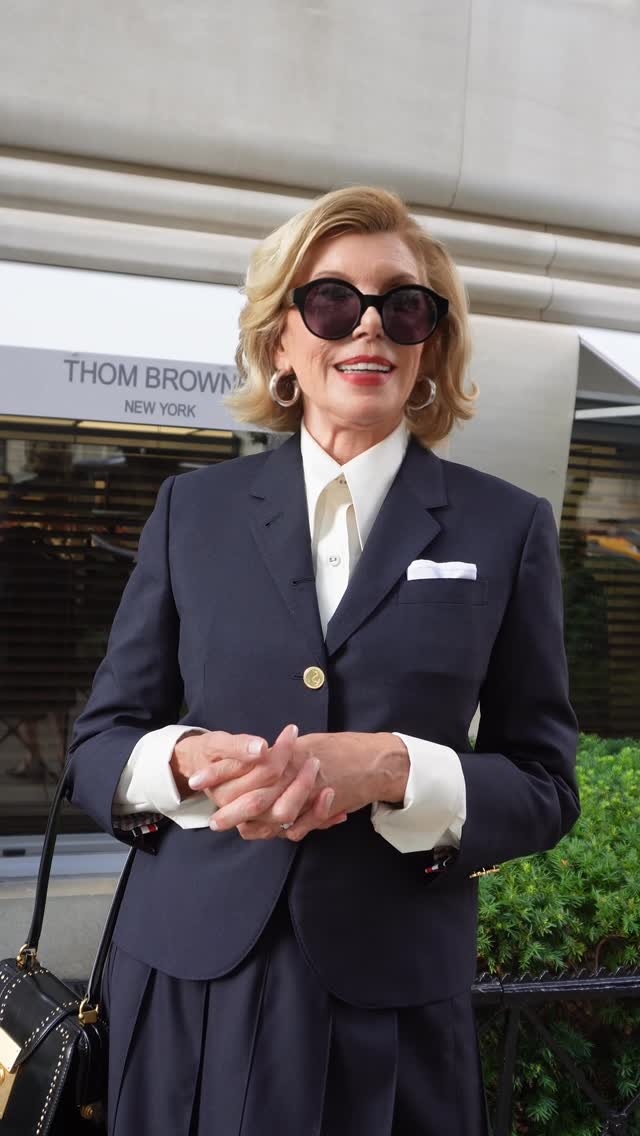 Instagram post by @ladiesofmadisonave for Thom Browne. Caption reads: [...] Christine Baranski at the opening of Thom....