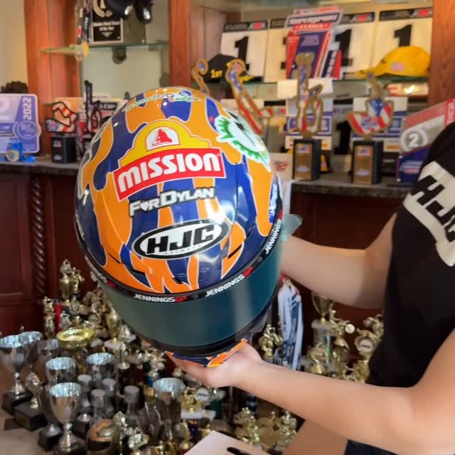 Instagram post by @kayla_yaakov for HJC Helmets. Caption reads: New season graphic 😎 done by @ghdgraphics !!!....