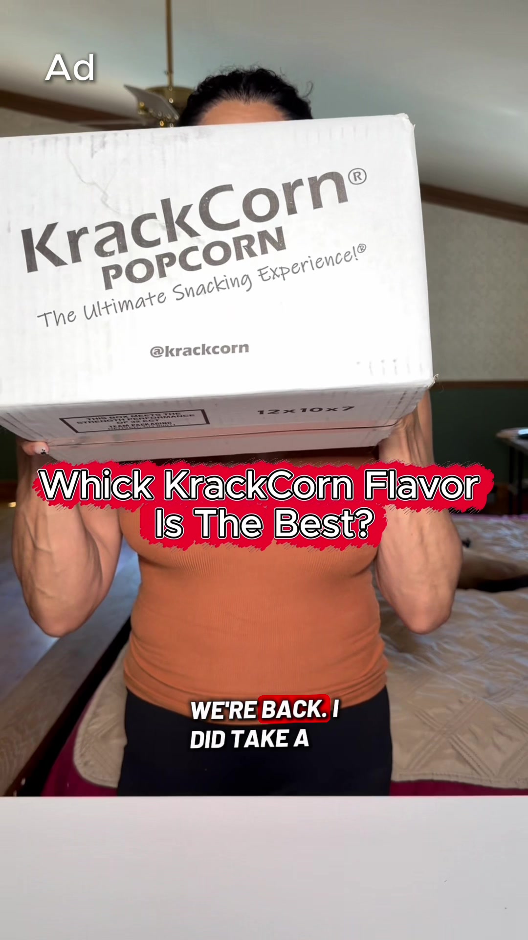 TikTok post by @ramona3965 for KrackCorn Popcorn. Caption reads: [...] #SnackReview #SnackFinds @KrackCorn Popcorn.