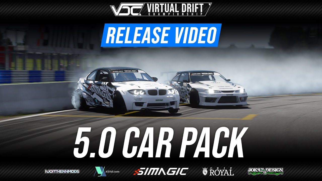 YouTube post by @virtualdriftchampionship for Simagic. Caption reads: VDC 5.0 Car Pack | Release Video.