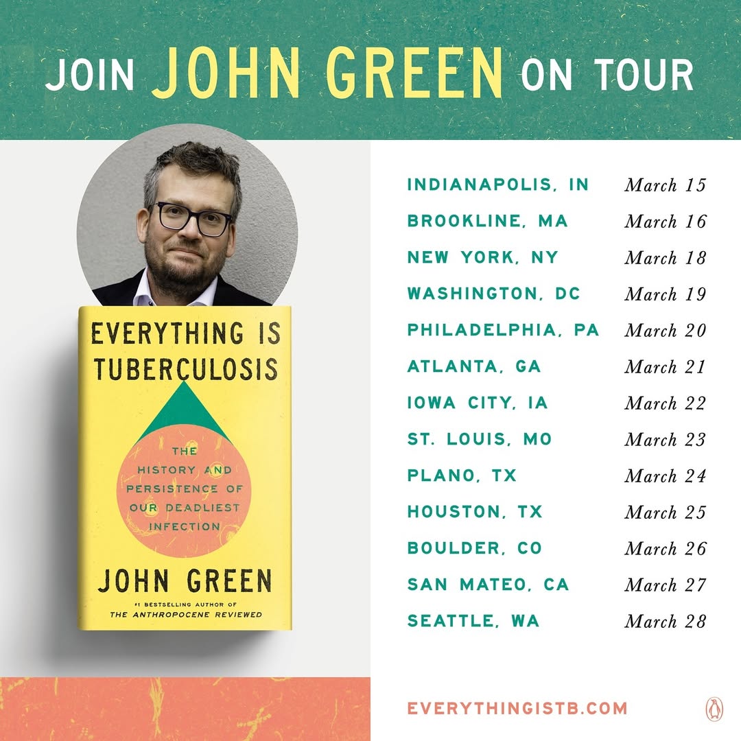 Instagram post by @johngreenwritesbooks for Penguin Teen. Caption reads: Everything is TB Tour! Coming to you this March....