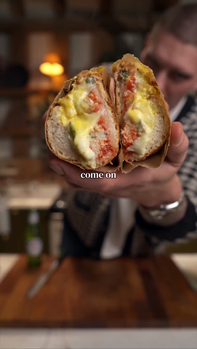 Instagram post by @tylerbutt_eats for Peroni Nastro Azzurro. Caption reads: Peroni Festive Sandwich & Cocktail 🔥

Go book....