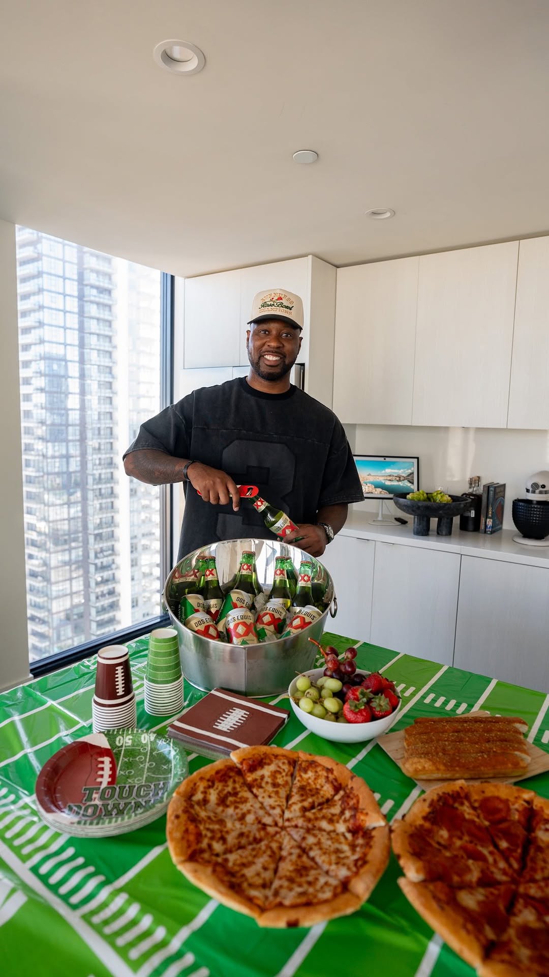 Instagram post by @johnthebaptistla for Dos Equis. Caption reads: #ad21+ Get ready for the big game with me and....