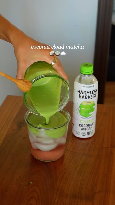 Instagram post by @christineleeee for Harmless Harvest. Caption reads: Coconut matcha cloud at home 🍵🥥#harmlessharvest....