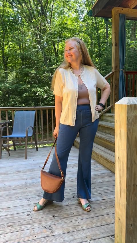 Instagram post by @yogathroughmenopause for Amazon Finds. Caption reads: Comfortable jeans that actually feel good all day?....