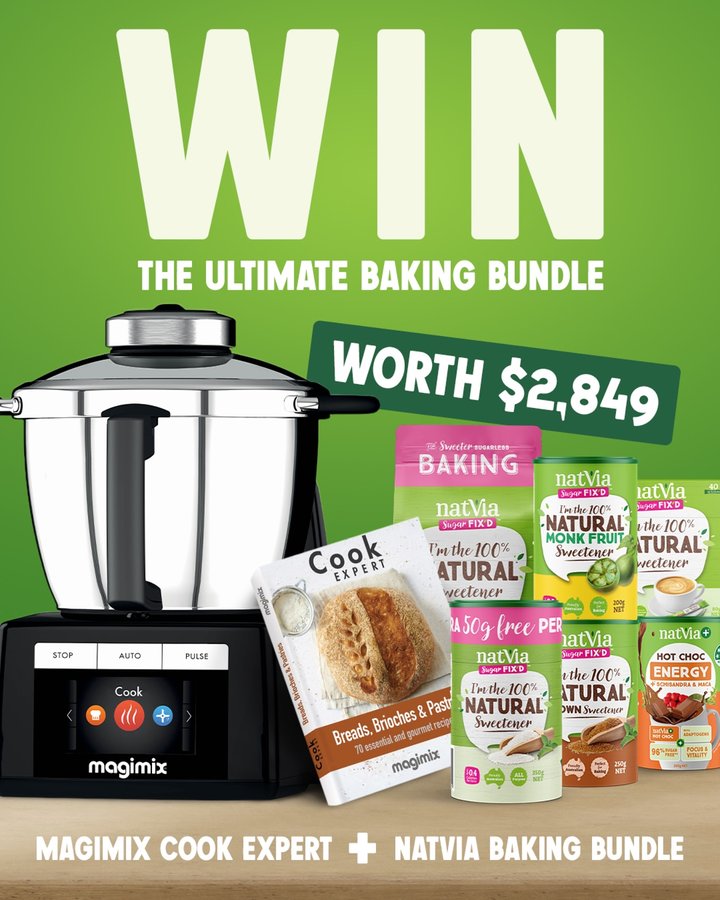 Instagram post by @magimix_australia for Natvia. Caption reads: 🛑GIVEAWAY CLOSED🛑

🎉 WIN THE ULTIMATE BAKING....