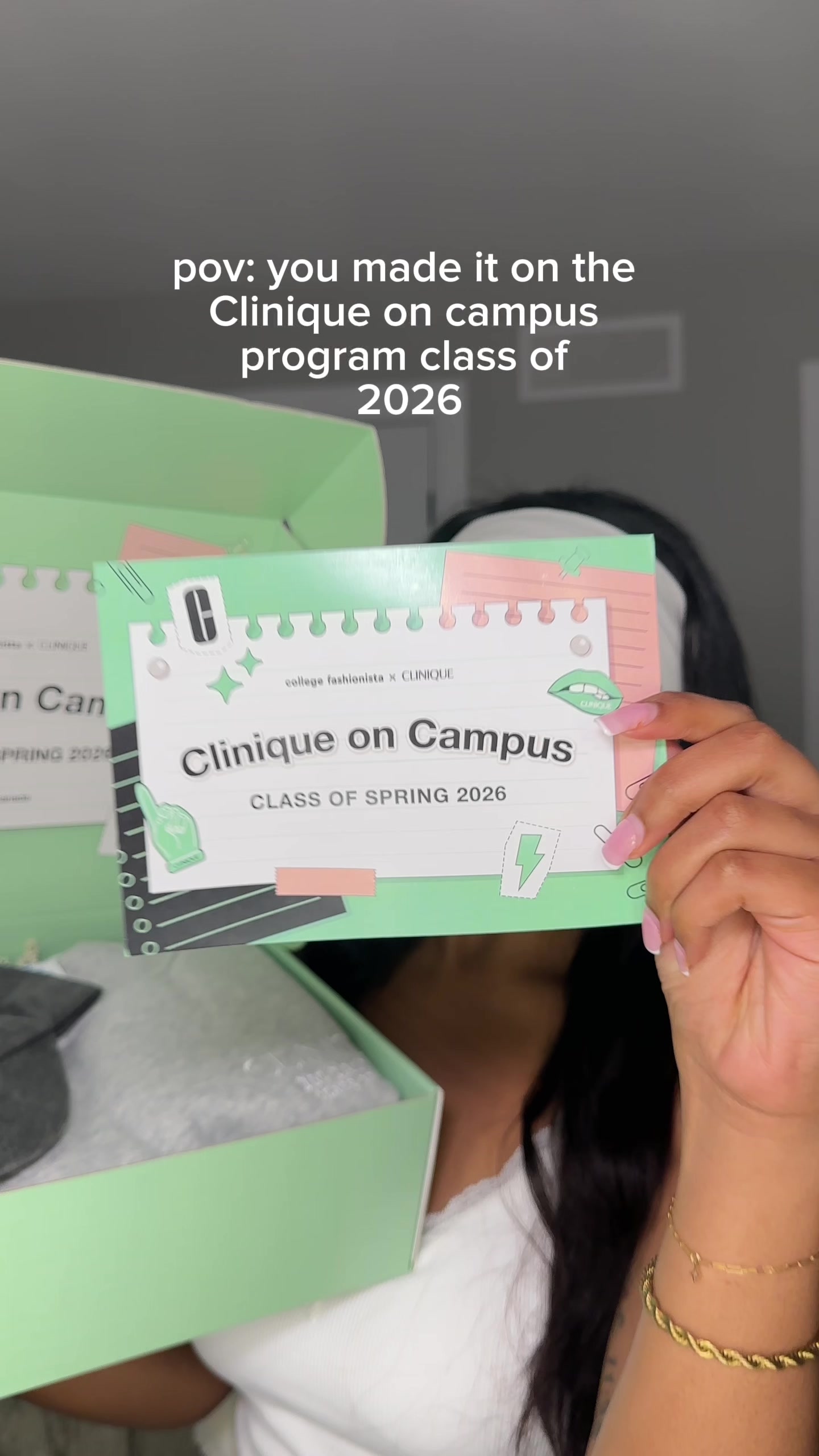 TikTok post by @maeva.salomon for College Fashionista. Caption reads: [...] row being part of the @Clinique x @College....