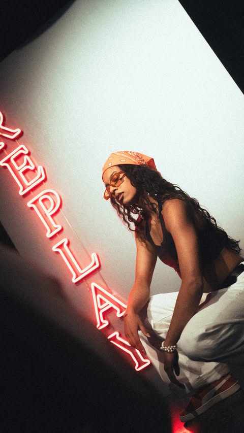 Instagram post by @bgirl_sanam for Replay. Caption reads: Anzeige / don‘t forget to press play ▶️ @replay .....