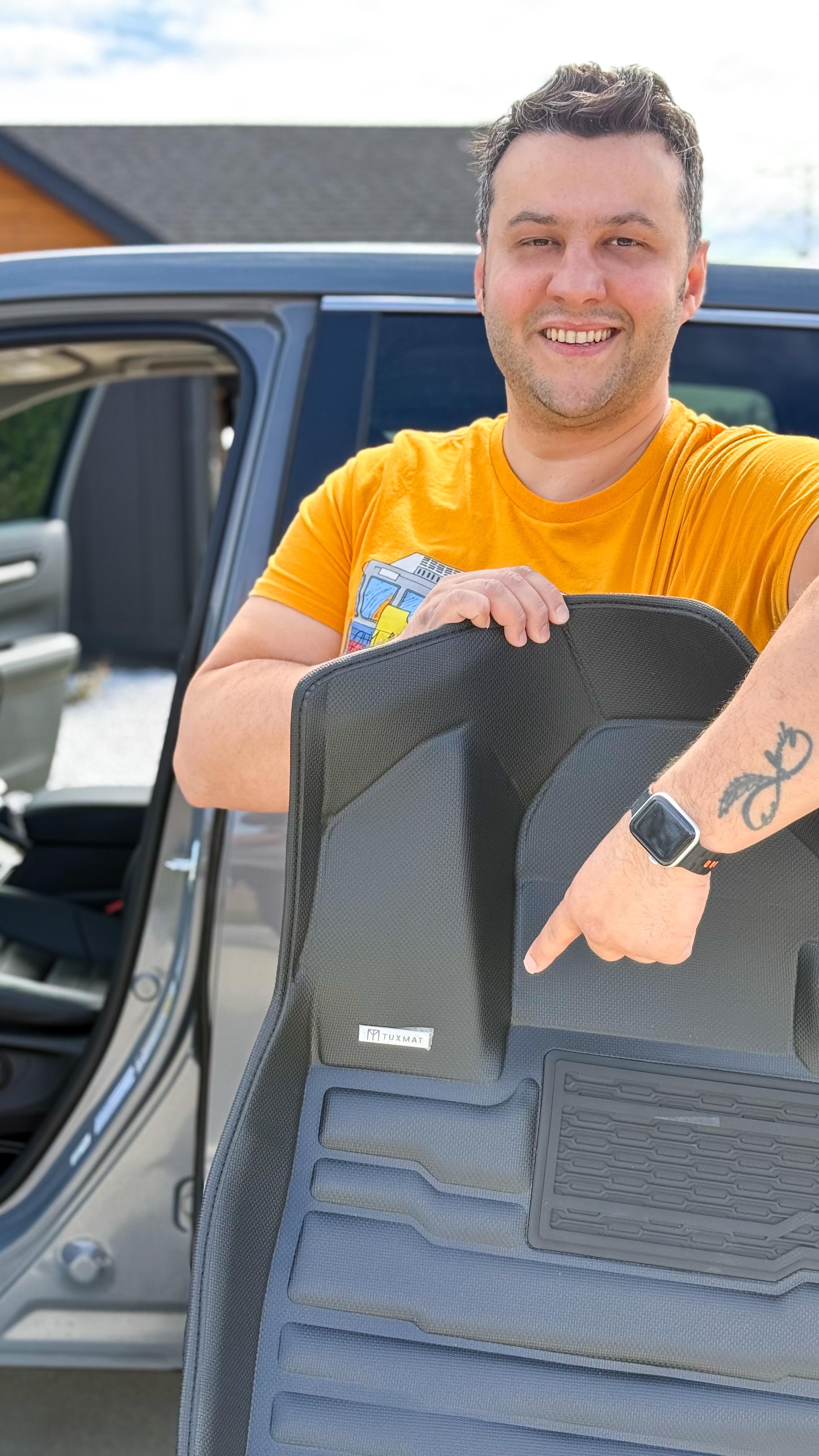 Instagram post by @iamdenizmirik for TuxMat. Caption reads: Just installed the TuxMat all-weather mats in my....