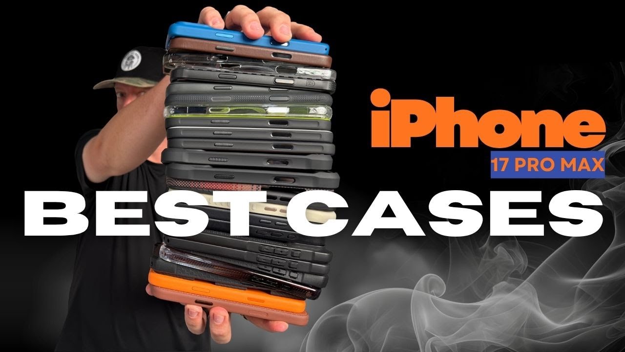 YouTube post by @BaneTech for Andar. Caption reads: BEST iPhone 17 Pro Max Cases (Slim, Protective,....