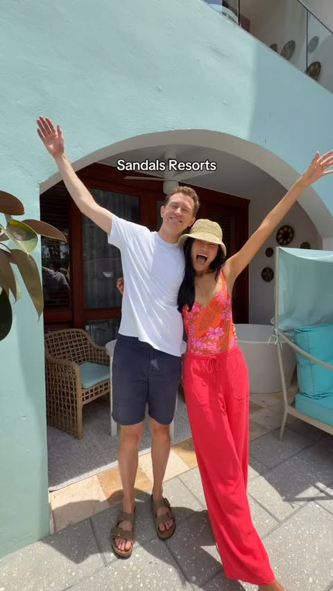 Instagram post by @claireandpeter for Sandals Resorts. Caption reads: Raise your hand if you know a @sandalsresorts....