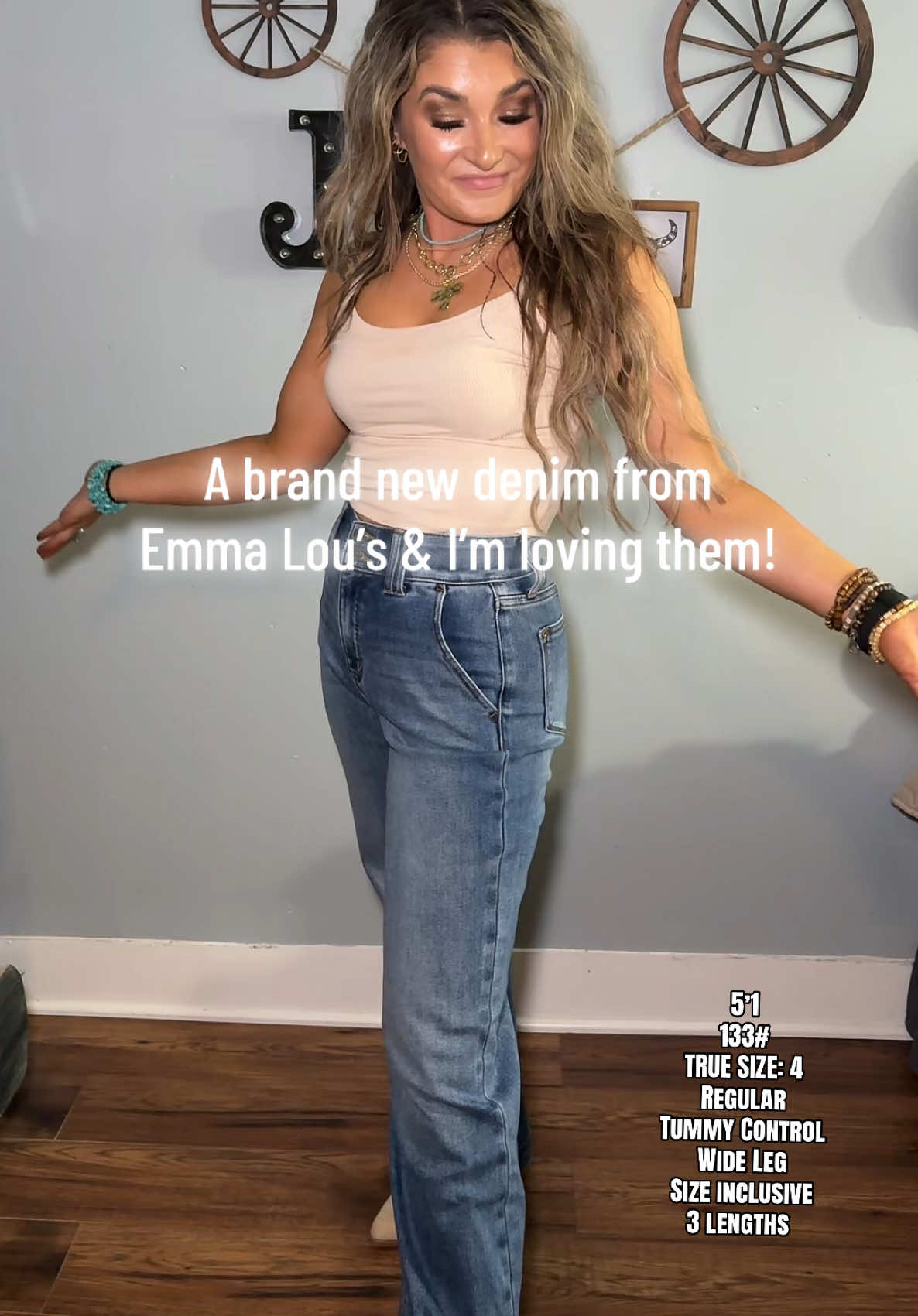 TikTok post by @youseekait_style for Emma Lous Boutique. Caption reads: The BRAND NEW denim launch from @Emma Lous....