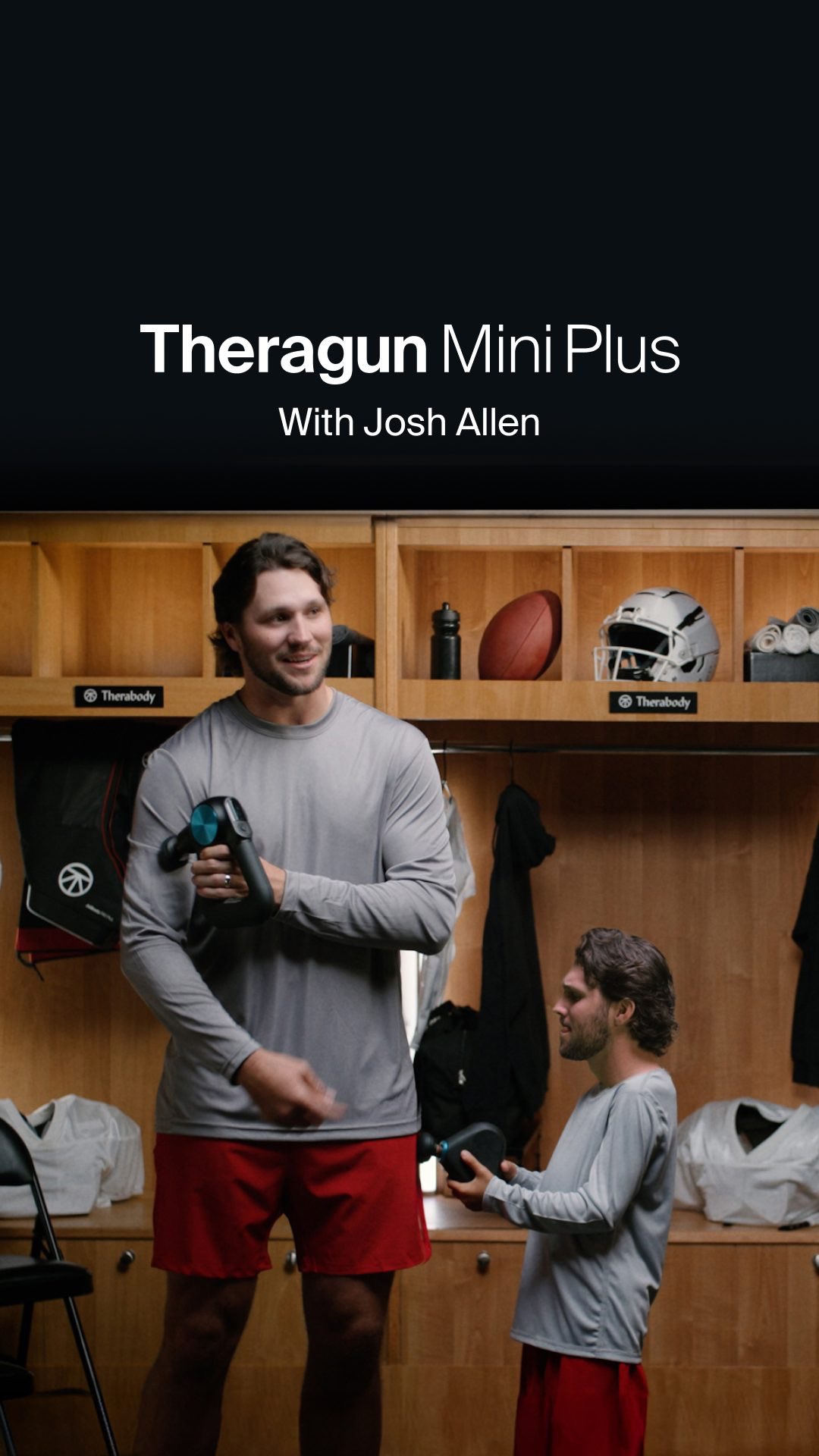 Instagram post by @joshallenqb for Therabody. Caption reads: That heat feels nice 😮‍💨 Meet the Theragun Mini....