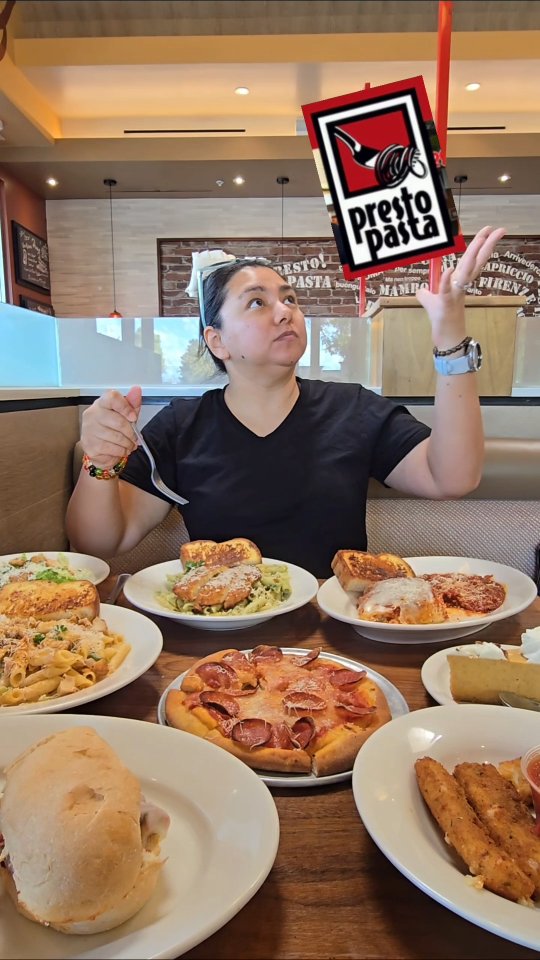 Instagram post by @just8ate for Visit California. Caption reads: Just ate at Presto Pasta in Valencia!

🤯🍝 Did....