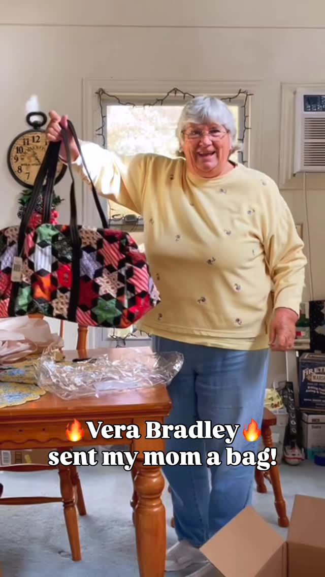 Instagram post by @gayfatfriend for Vera Bradley. Caption reads: My mom unboxing her newest Vera Bradley bag! Thank....