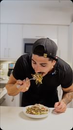 Instagram post by @billylovebaby_ for MyFitnessPal. Caption reads: Do not sleep on this zucchini feta pasta bello. If....