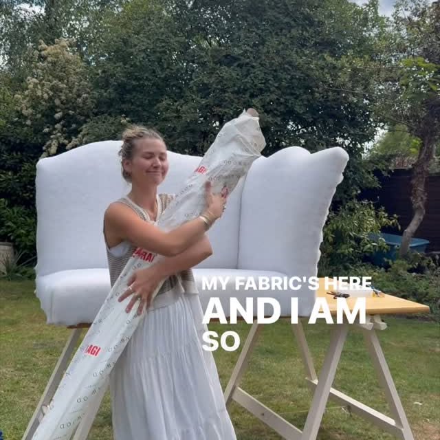 Instagram post by @pucciupholstery for Linwood Fabric. Caption reads: Welcome back to my Second Hand Sofa....
