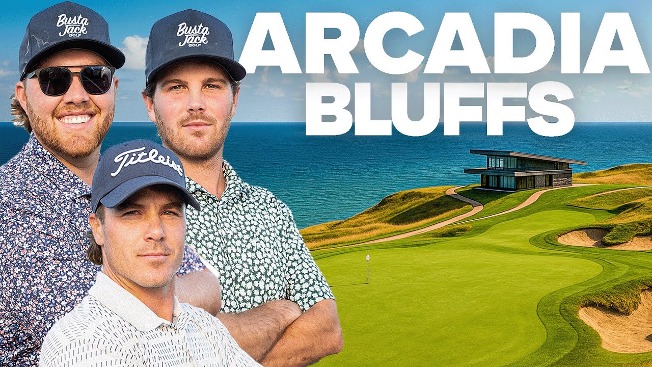 YouTube post by @BustaJackGolf for Takomo Golf. Caption reads: Course Record - Arcadia Bluffs.