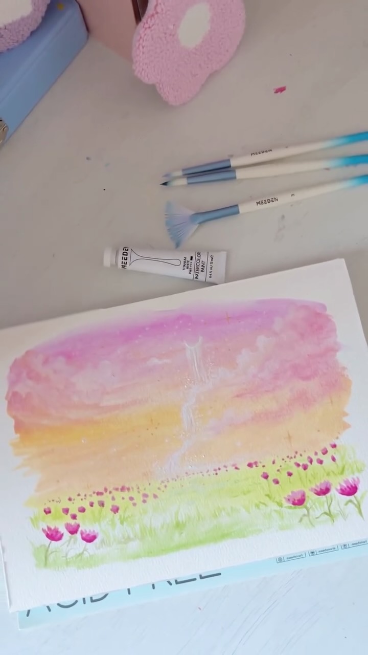 Instagram post by @chiaras.cosmos for MEEDEN ART. Caption reads: As a gouache & acrylics person it’s been a while....