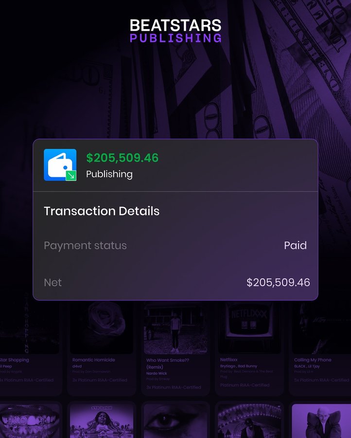 Instagram post by @producerwhisperer for BeatStars. Caption reads: Monthly reminder: Publishing pays 💸 While many....