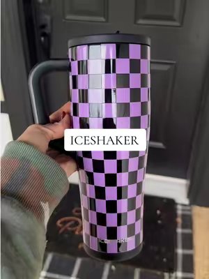 TikTok post by @shelbsfavfinds for Ice Shaker. Caption reads: Okayyyy Ice Shaker… purple + black checkers?! 💜🖤....