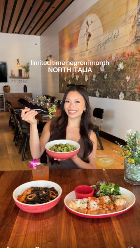Instagram post by @chrristiinneeats for The Houstonian. Caption reads: 🍸🍝 NORTH ITALIA 🍝🍸 has officially launched....