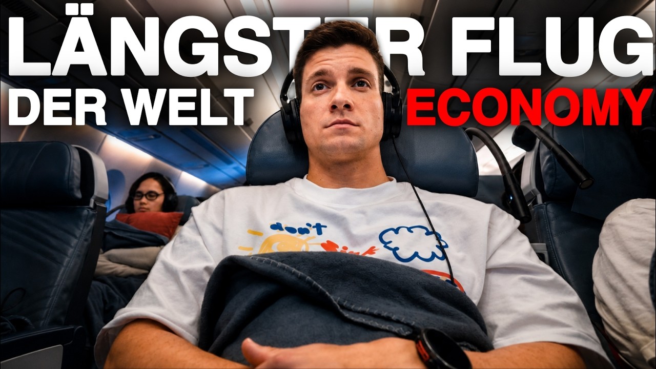 YouTube post by @AeroNewsGermany for Infraction Music. Caption reads: World's Longest Flight in Economy Class!....