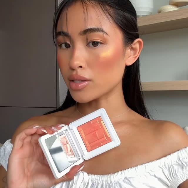 Instagram post by @roshelleflores_ for Haus Labs. Caption reads: a sunset golden hour cheek with one product 🧡....