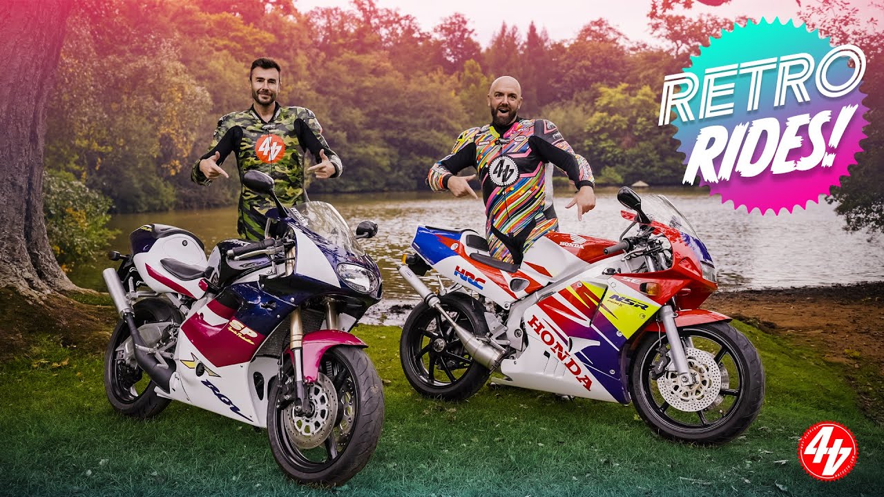 YouTube post by @FortyFourTeeth for Muc-Off. Caption reads: Honda NSR250 v Suzuki RGV250 | Two-Stroke Heaven.