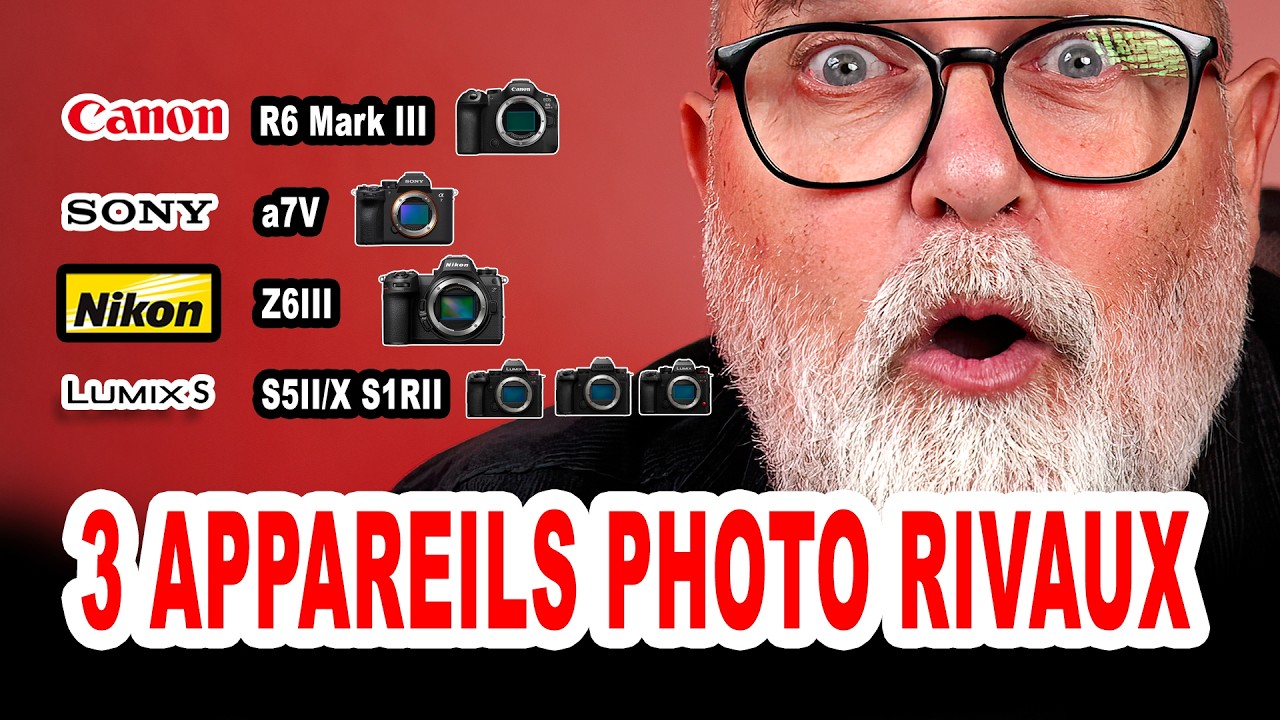 YouTube post by @EricGibaud for SANDMARC. Caption reads: Canon R6III vs Sony a7V vs Nikon Z6III ... and....