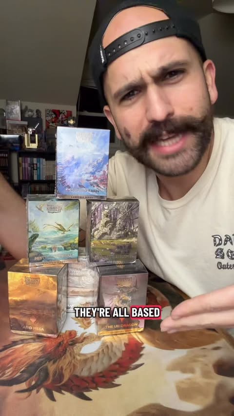 Instagram post by @theteabeard for Dragon Shield. Caption reads: What decks would you sleeve up in these new Magic....