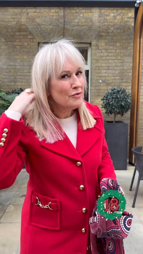 Instagram post by @nickichappers for LK Bennett. Caption reads: [...] red wool military-vibe number from....