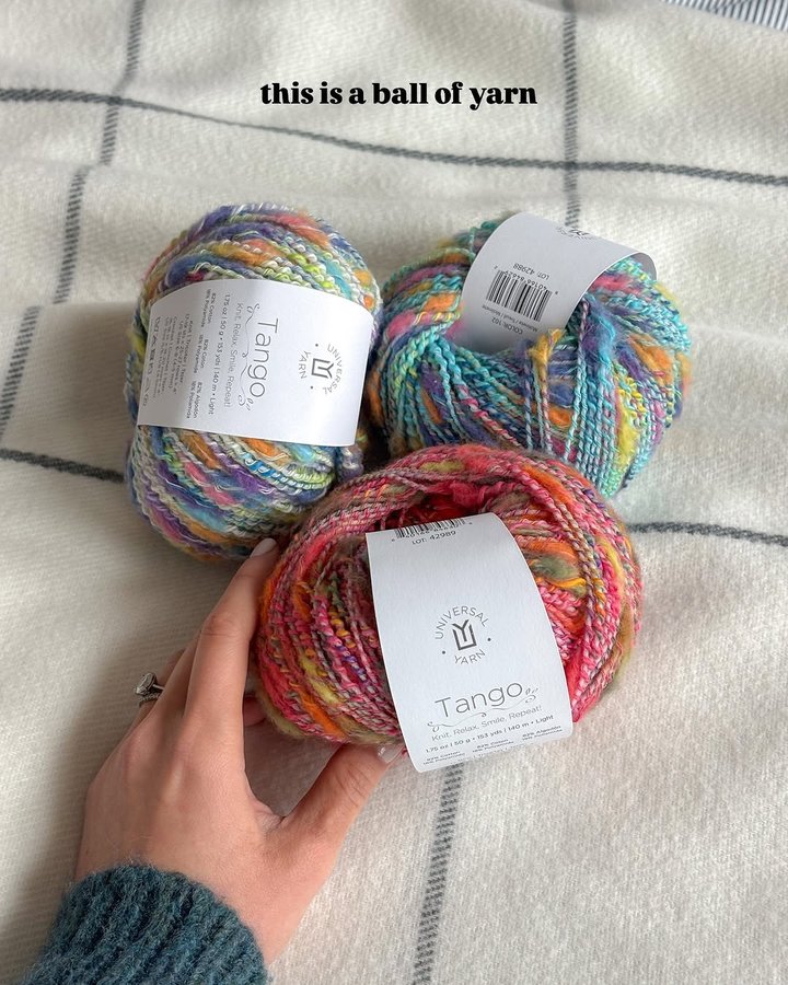 Instagram post by @areuknittingme for Universal Yarn. Caption reads: #ad little crafts with a larger than life yarn 💛....