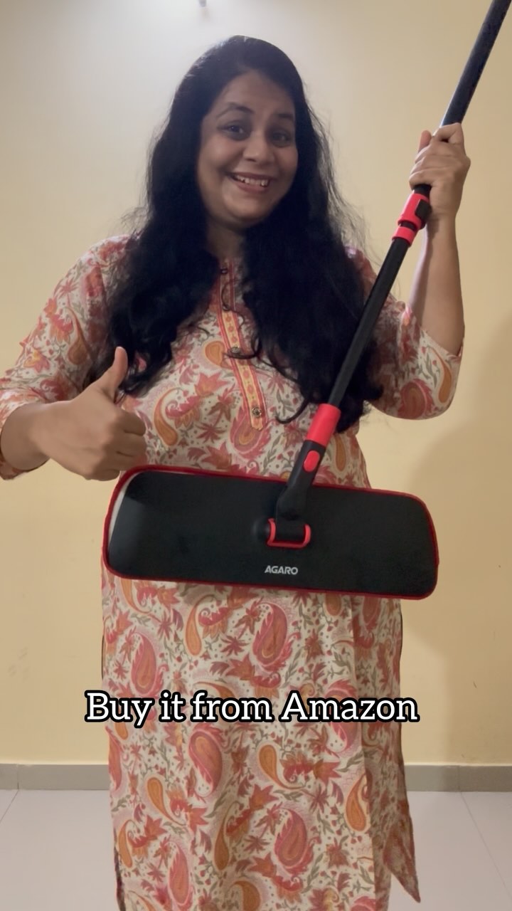 Instagram post by @parilooks for AGARO Lifestyle. Caption reads: AGARO Elite Cleaning Mop & Brush Set, Bathroom....