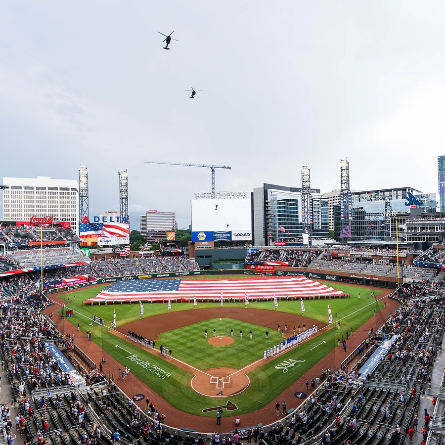 Instagram post by @braves for Truist. Caption reads: Celebrating Flag Day at @truistpark 🇺🇸.