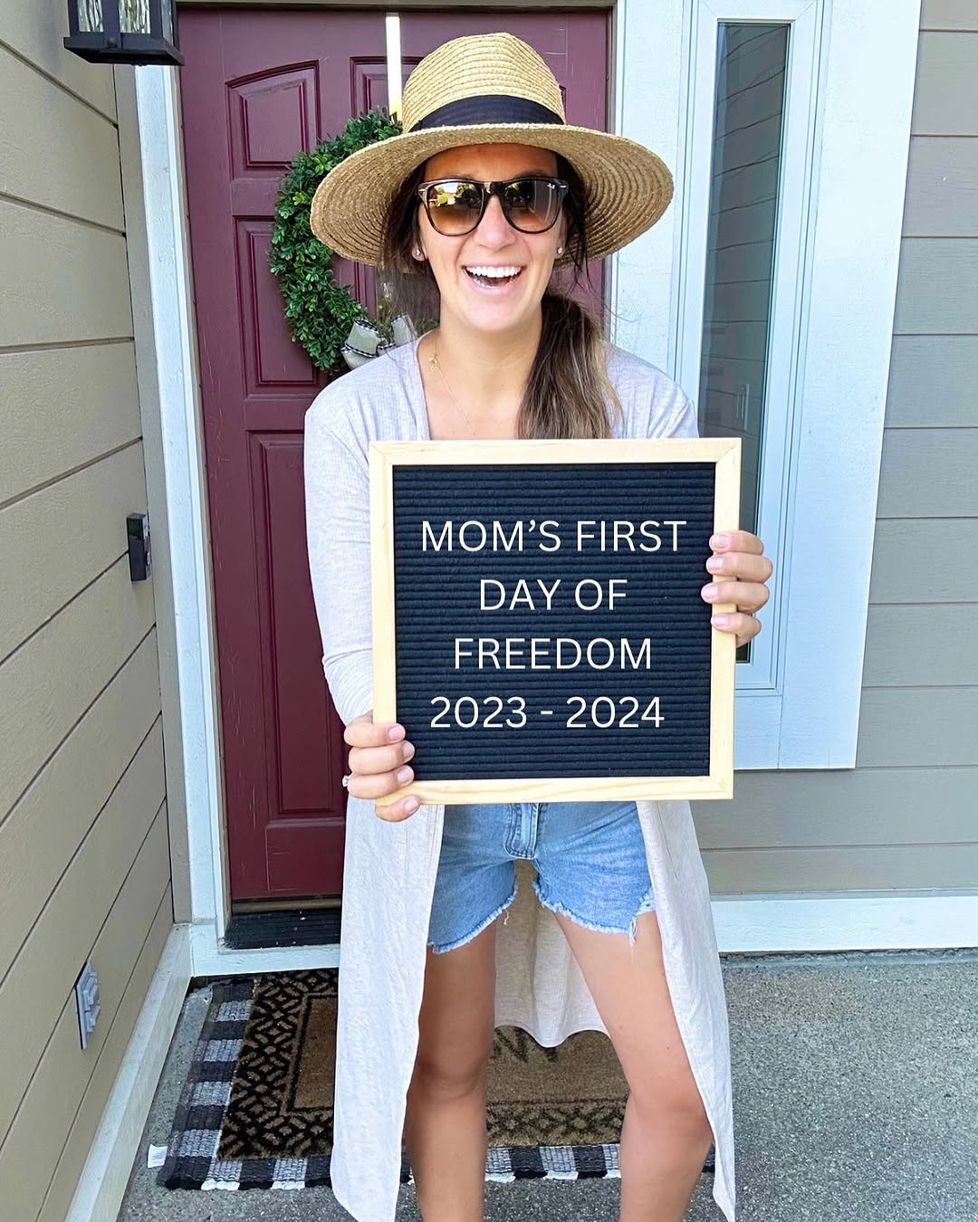 Instagram post by @katiesproul for shoppinkblush.com. Caption reads: First day of school pictures but make them “mom....