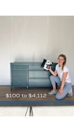Instagram post by @salvagedbysammie for Fusion Mineral Paint. Caption reads: $100 to $4,112 furniture flip?! 🤯 Comment....