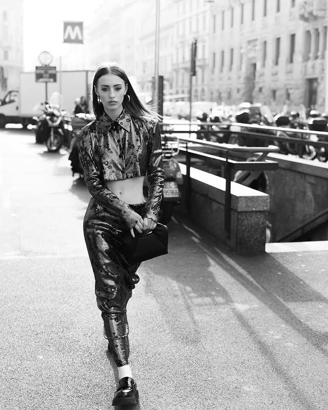 Instagram post by @ginevrasalustri for YOOX. Caption reads: [...] @marcorambaldi_  show 💚
Outfit via @yoox....