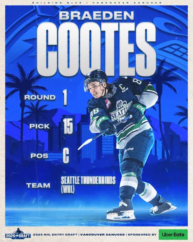 Instagram post by @canucks for Uber Eats. Caption reads: Welcome to the Vancouver Canucks, BRAEDEN COOTES!.