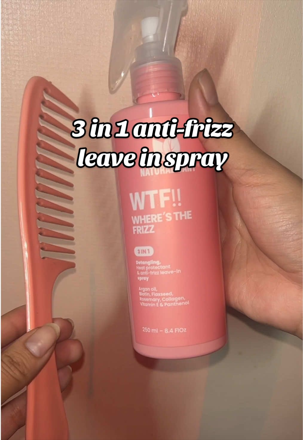 TikTok post by @michellediazz_ for Natural Sant México. Caption reads: @Natural Sant USA This leave-in spray changed my....
