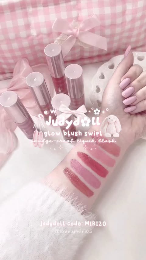 Instagram post by @lovelymiri05 for Judydoll. Caption reads: new @judydoll_official glow blush swirl 🎀🍥🪽....