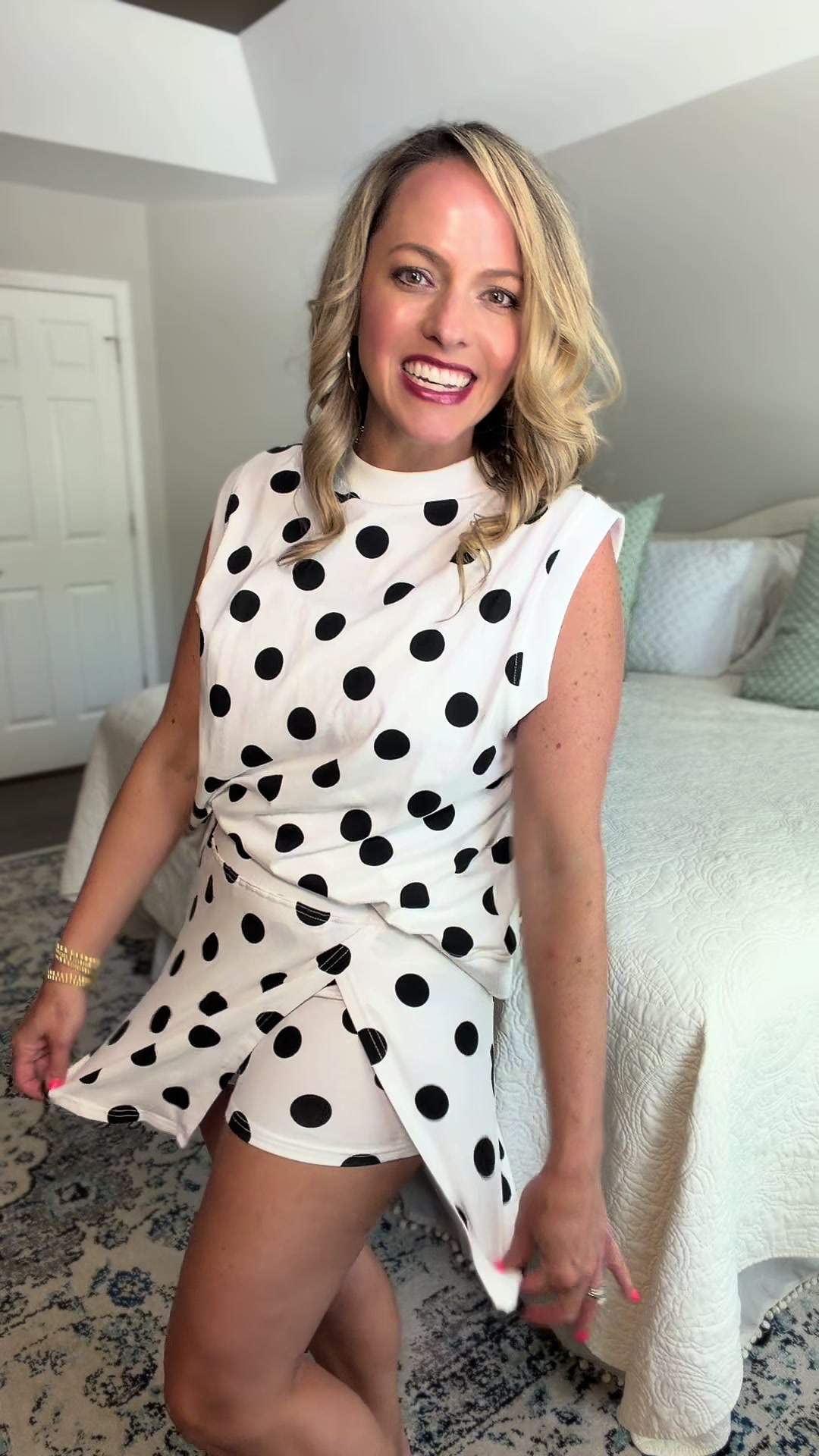 TikTok post by @lacey_ve for Shewin Boutique. Caption reads: Such a fun print in this #polkadotoutfit....