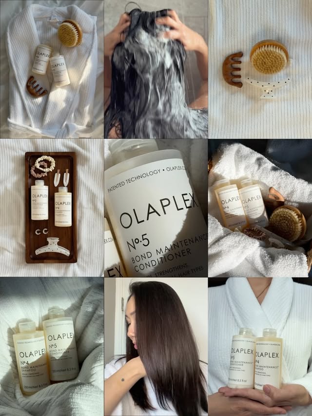 Instagram post by @nuriza.ugc for OLAPLEX. Caption reads: My new favourites from @olaplex 🥹🛁🧴🤍 #olaplex....
